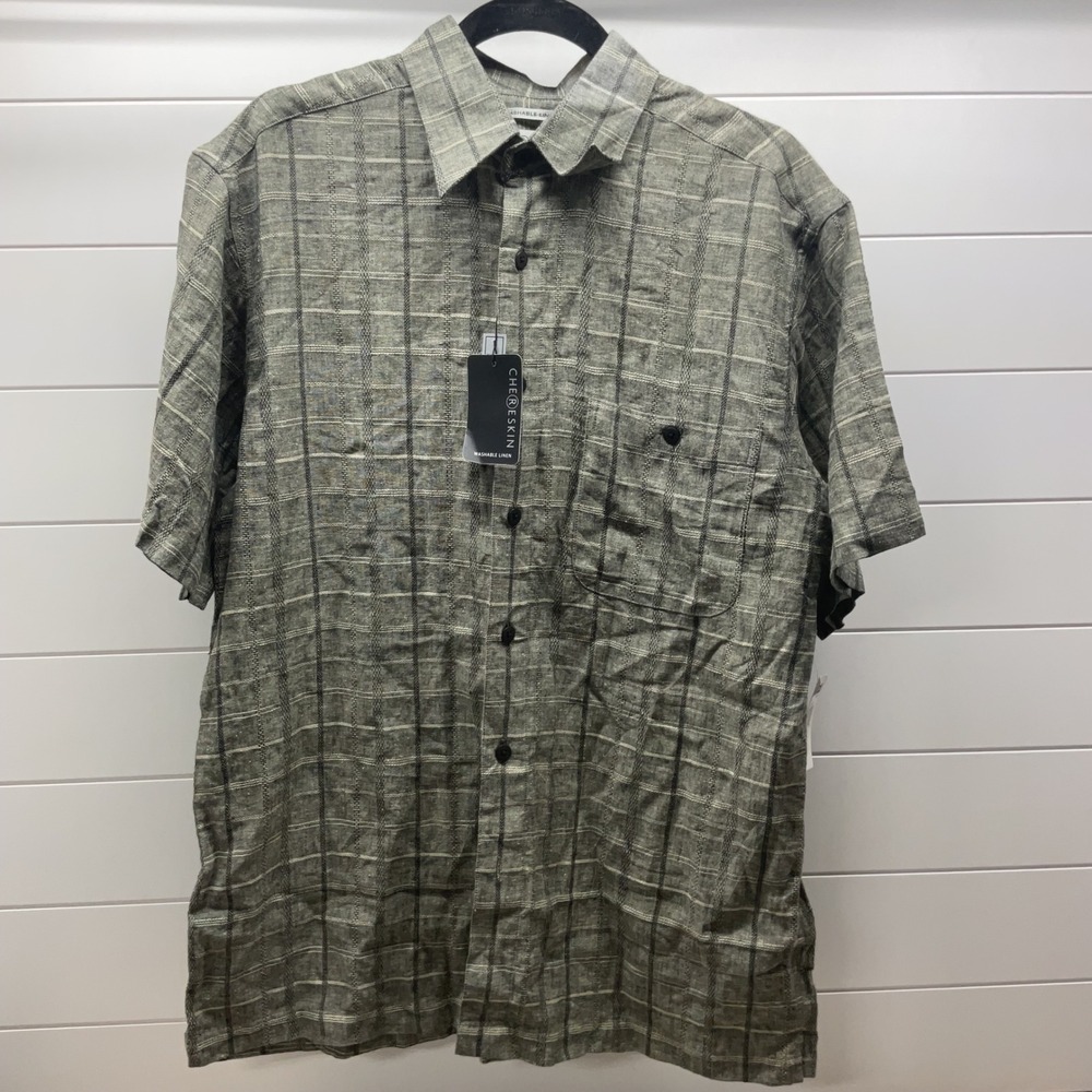 Chereskin Mens Washable Linen Blend Plaid Short Sleeve Button Down Shirt Olive M